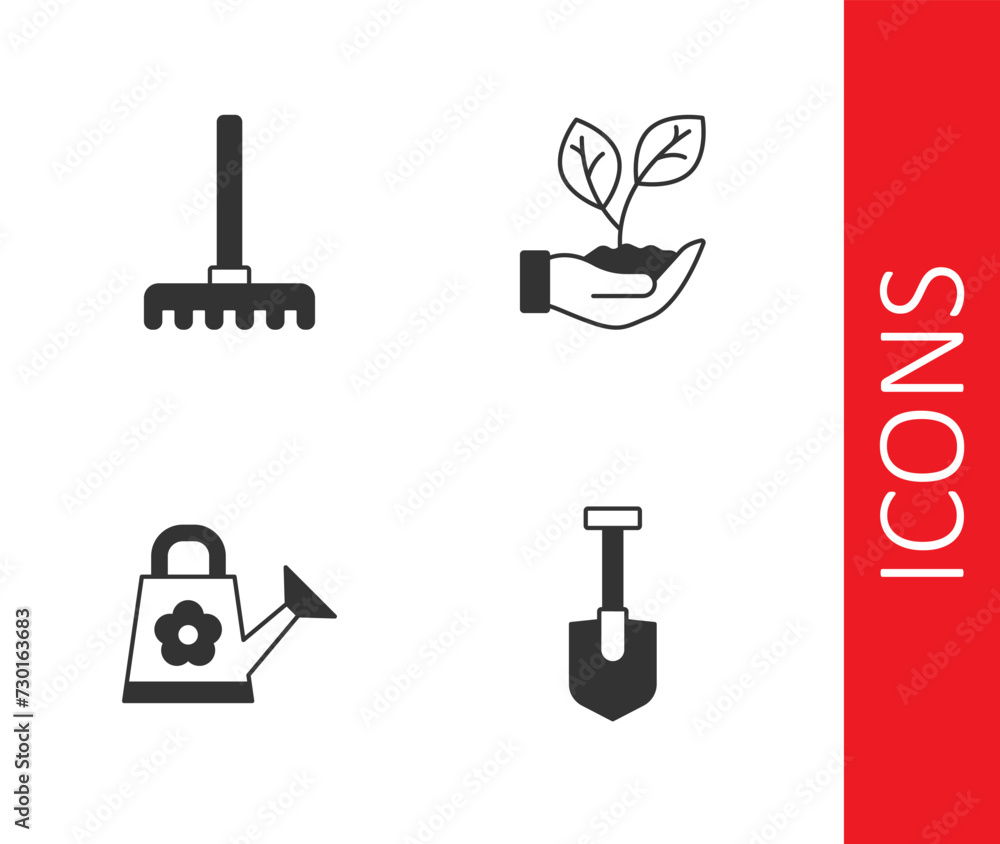 Set Shovel, Garden rake, Watering can and Leaf hand icon. Vector Set Shovel, Garden rake, Watering can and Leaf hand icon. Vector