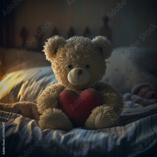 A cute teddy bear sits on the bed with a heart in his hands © Herzog