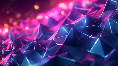 3d polygon texture,glow neon line around,glitter effect,vibrant color photo