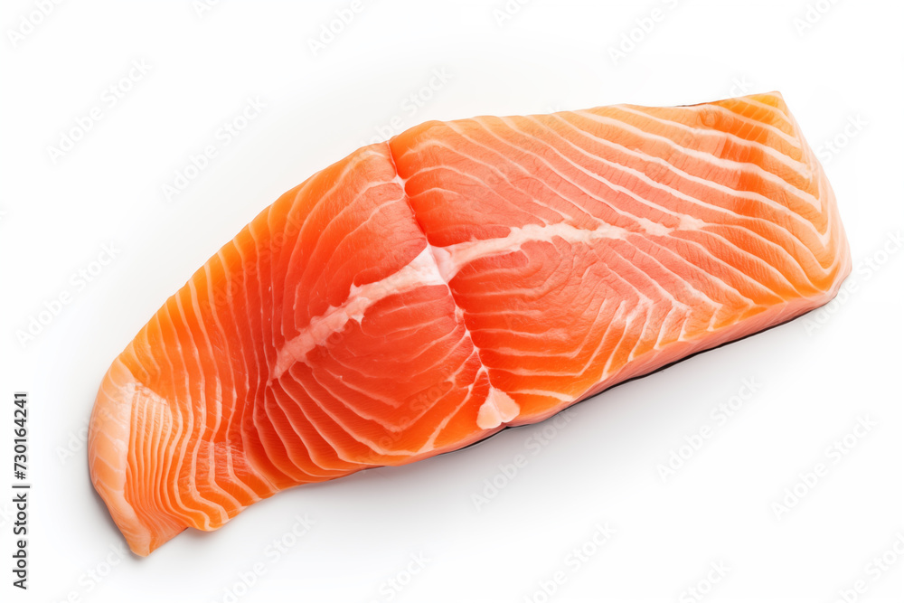 Slice of red fish salmon isolated on white background. Top view close-up Slice of red fish salmon isolated on white background. Top view close-up
