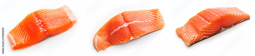 A piece of salmon isolated on a white background from three angles. A group of photographs of red fish. Top view close up.