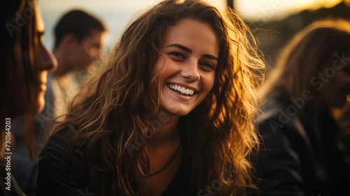 Young woman smiling and having fun on a rooftop with friends © Neat Design Studio