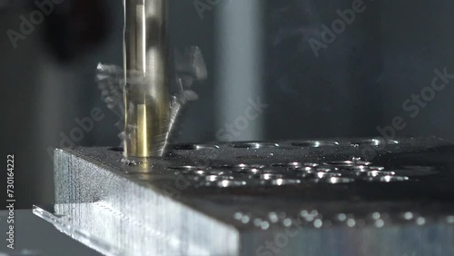 CNC drilling machine drill holes into metal surface , close up photo