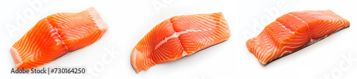 A piece of salmon isolated on a white background from three angles. A group of photographs of red fish. Top view close up.