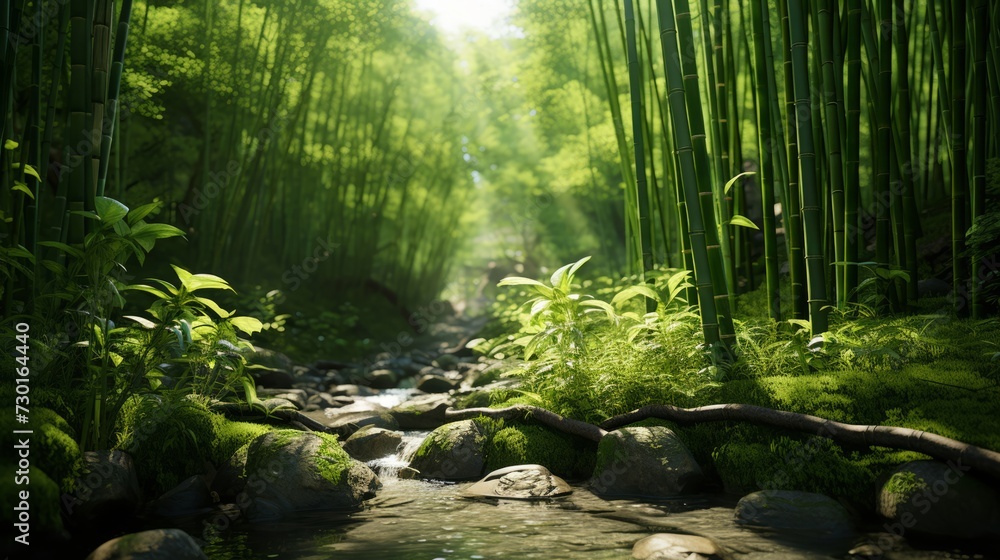 Verdant bamboo grove with sunlight filtering through the tall green stalks