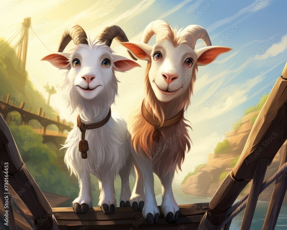 The Three Billy Goats Gruff Crossing the Bridge - A Digital Cartoon of Cute and Beautiful Goats - obrazy, fototapety, plakaty 