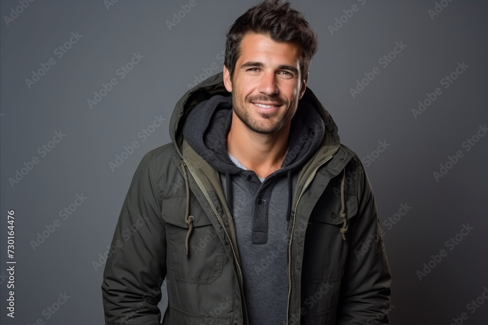 Portrait of a handsome man wearing a jacket and smiling at the camera. Portrait of a handsome man wearing a jacket and smiling at the camera.