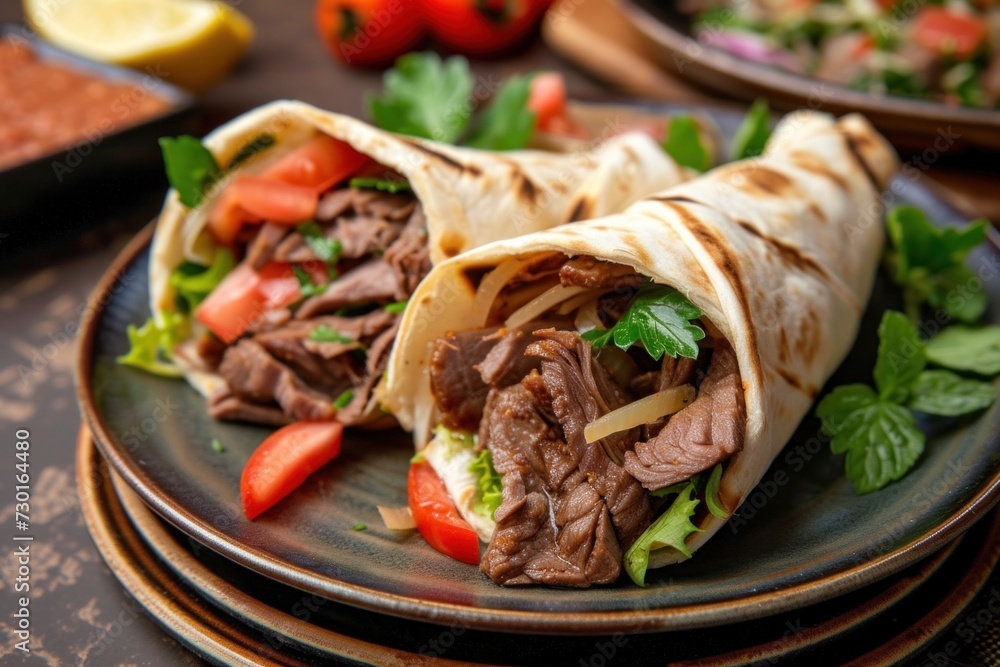 Savory Grilled Chicken Burritos Shawarma Served on a Wooden Platter in a Rustic Kitchen Setting Savory Grilled Chicken Burritos Shawarma Served on a Wooden Platter in a Rustic Kitchen Setting