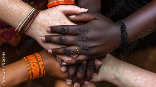 Close-up of intertwined hands of women from various ethnic backgrounds, symbolizing unity and support