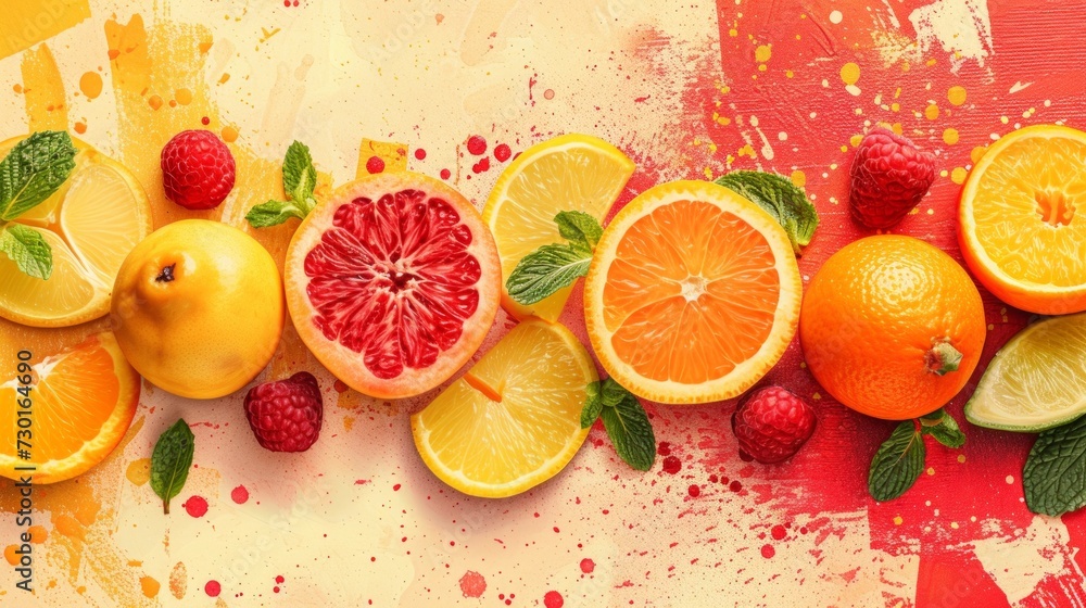 Minimalist fruit illustrations on a bold, colorful canvas evoke the flavors of summer - obrazy, fototapety, plakaty 