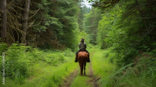 A rider enjoys a serene trail ride amidst lush, forested surroundings © ArtCookStudio