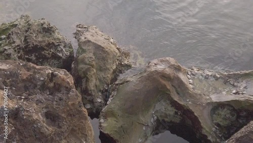 Slow motion water flowing around rocks with small  shells. Reflections in water with small ripple waves on a sunny day in Florida.