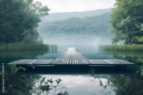 Floating bridge on a tranquil lake, ingeniously designed to rise and fall with changing water levels, harmoniously blending with the natural environment and enhancing the serene landscape photo