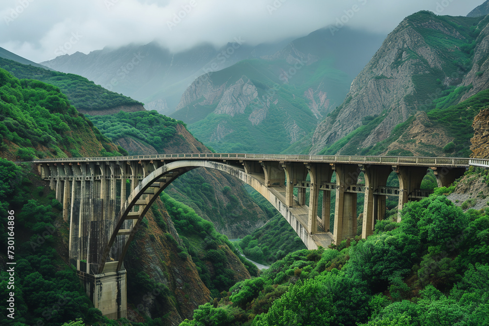 Mountainous region bridge, offering hikers and photographers panoramic views of majestic peaks and sprawling valleys, a popular spot for its breathtaking scenery and natural beauty. - obrazy, fototapety, plakaty 