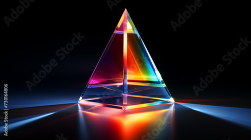 Glass geometric figures prisms with light diffraction of spectrum colors and complex reflection with trendy light and hard shadows on a color background.