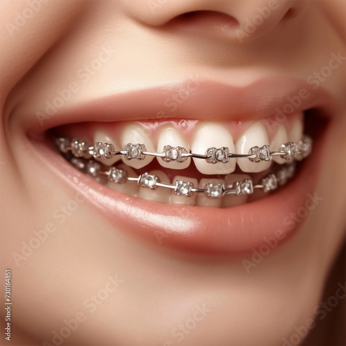 Braces on Teeth. Dental Braces Smile. Orthodontic Treatment. Closeup Smiling Face with Braces. Isolated on White Background. ai technology