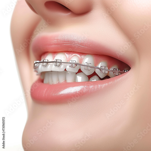 Braces on Teeth. Dental Braces Smile. Orthodontic Treatment. Closeup Smiling Face with Braces. Isolated on White Background. ai technology