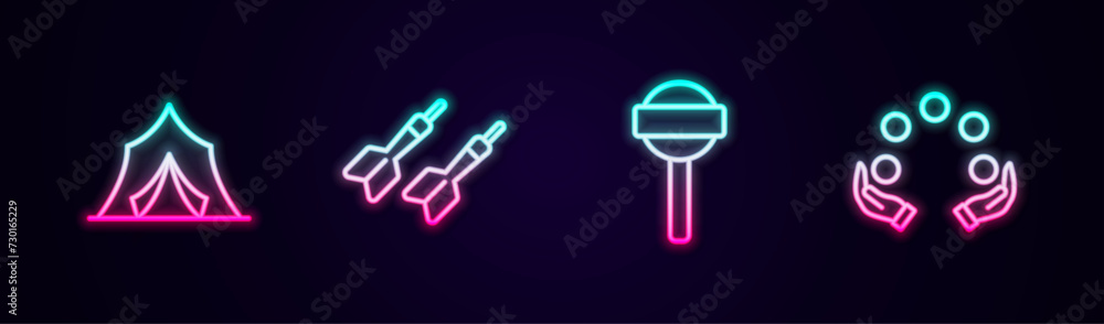 Set line Circus tent, Dart arrow, Lollipop and Juggling ball. Glowing neon icon. Vector Set line Circus tent, Dart arrow, Lollipop and Juggling ball. Glowing neon icon. Vector