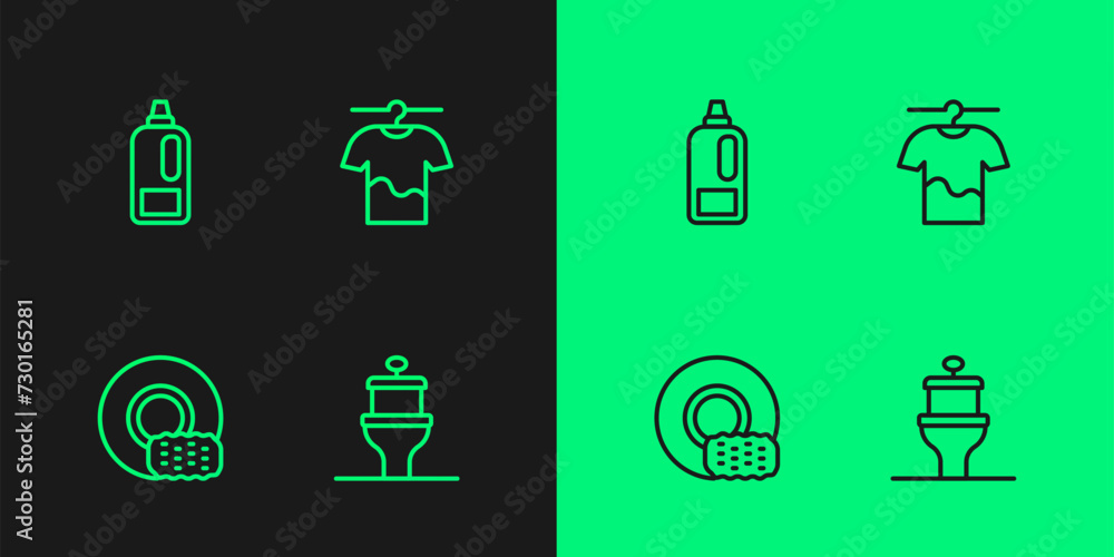 Set line Toilet bowl, Washing dishes, Bottle for detergent and Drying clothes icon. Vector Set line Toilet bowl, Washing dishes, Bottle for detergent and Drying clothes icon. Vector
