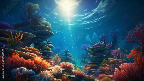 Underwater scene, coral reef, sunlight from above, vibrant marine life, tranquil depths