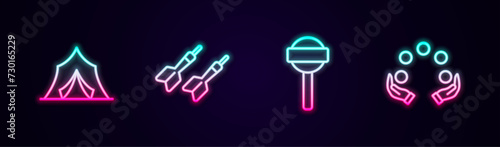 Set line Circus tent, Dart arrow, Lollipop and Juggling ball. Glowing neon icon. Vector