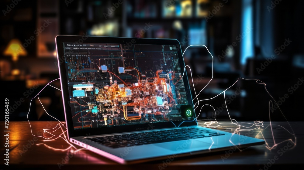 Creative coding: laptop with code editor, programming concept for web development and software engineering, technology background - obrazy, fototapety, plakaty 