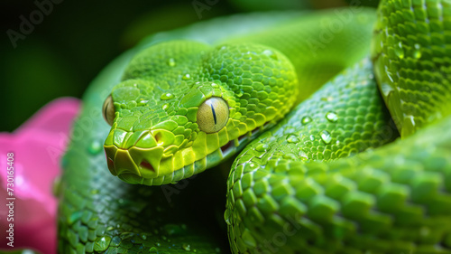 Closeup of green snake with yellow eyes. Green snake is symbol of 2025.