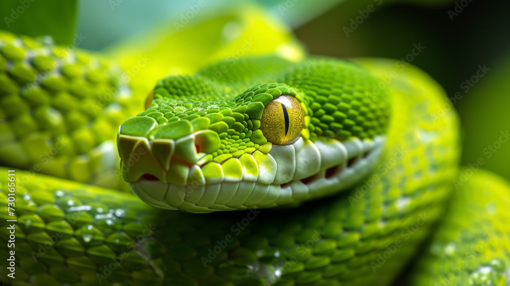 Closeup of green snake with yellow eyes. Green snake is symbol of 2025. Closeup of green snake with yellow eyes. Green snake is symbol of 2025.