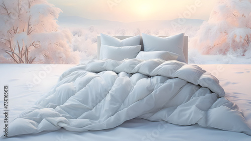 modern white bed with pillows in winter