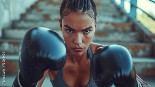 focused female boxer in athletic wear and gloves training on gym stairs