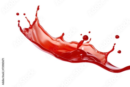 Splash stain drops of red ketchup, tomato sauce or juice on a white background view from above. Object for your design, mockup