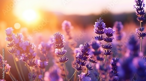 Blooming purple lavender in field at sunset close-up. Beautiful natural background. Lavender sprigs, fragrant flowers, ingredient for making perfumes and cosmetics. Aromatherapy © FoxTok