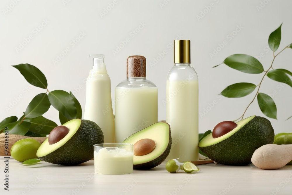 Various jars of cosmetics with cream, shampoo, oil, essence and ripe cut avocado fruits on light background. Concept of natural cosmetics, face and body care, eco style. Mockup Various jars of cosmetics with cream, shampoo, oil, essence and ripe cut avocado fruits on light background. Concept of natural cosmetics, face and body care, eco style. Mockup