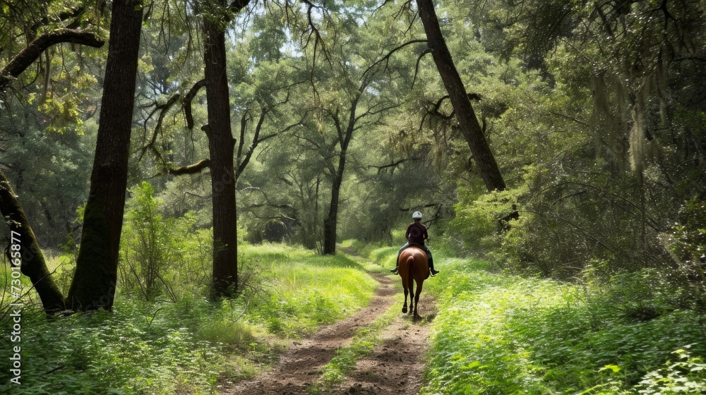 Obraz premium A rider enjoys a serene trail ride amidst lush, forested surroundings