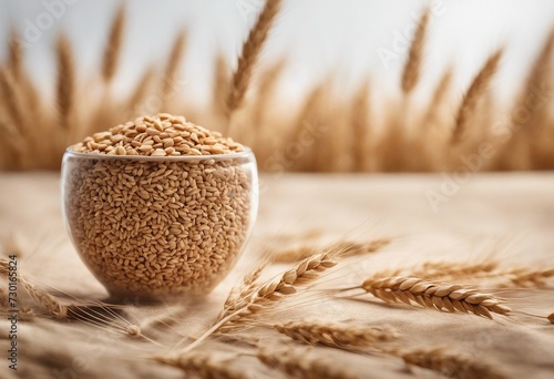 Spelt bran and grains with ears of wheat isolated on white background photo