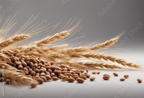 Spelt bran and grains with ears of wheat isolated on white background