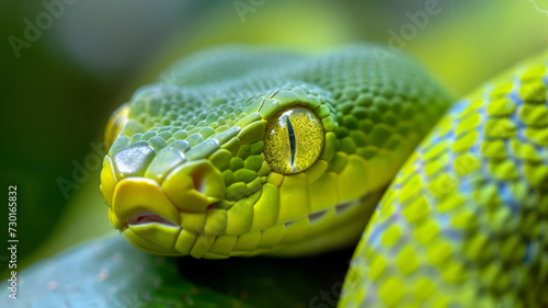 Closeup of green snake with yellow eyes. Green snake is symbol of 2025.