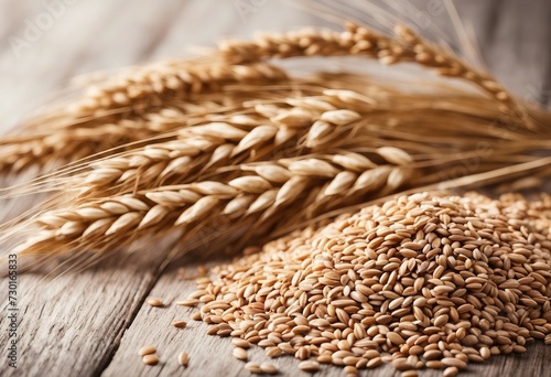 Spelt bran and grains with ears of wheat isolated on white background