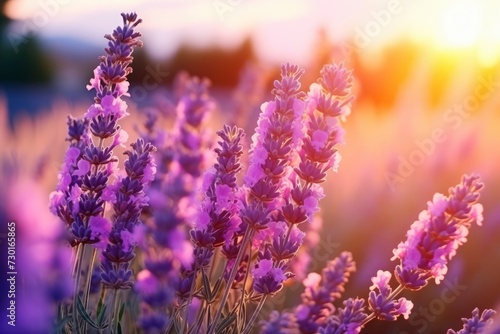 Blooming purple lavender in field at sunset close-up. Beautiful natural background. Lavender sprigs  fragrant flowers  ingredient for making perfumes and cosmetics. Aromatherapy