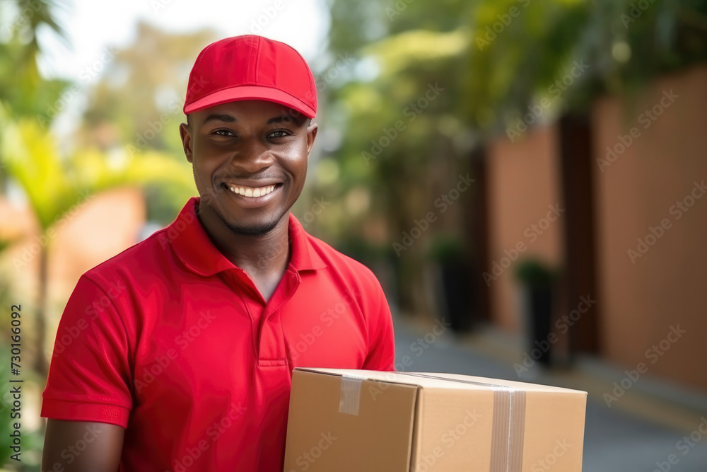 Young dark-skinned African-American delivery guy in red uniform smiling, holding cardboard box against the backdrop of cottage, sunset lighting. Delivery concept, ordering goods online Young dark-skinned African-American delivery guy in red uniform smiling, holding cardboard box against the backdrop of cottage, sunset lighting. Delivery concept, ordering goods online