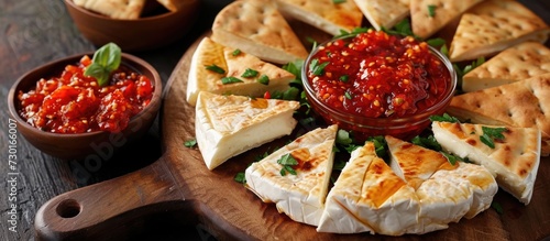 Ready-to-eat baked brie with red pepper jelly and pita triangles.