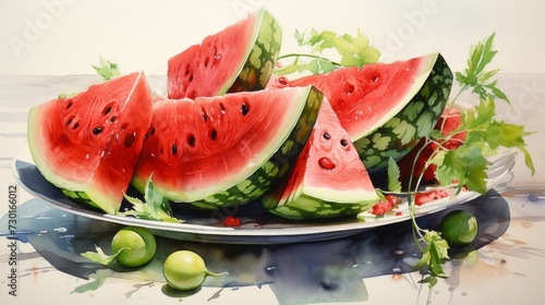 Watercolor painting of an array of watermelon slices with a focus on the natural juicy texture
