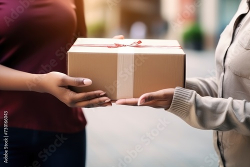 Close-up of a courier passing a cardboard box with tape into a woman's hands on the street. Delivery of goods, parcels