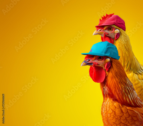 portrait of two hens with baseball caps on a yellow background photo