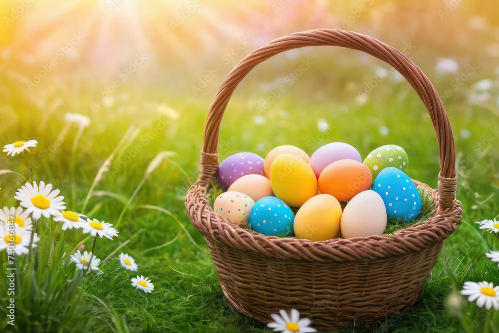 decorated Easter eggs in basket on green grass with spring flowers at sunny day