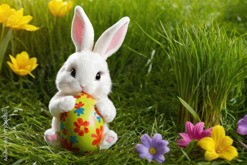 bunny holding big Easter egg on green grass with spring flowers © alter_photo