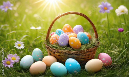 basket of Easter eggs on green grass with spring flowers at sunny day