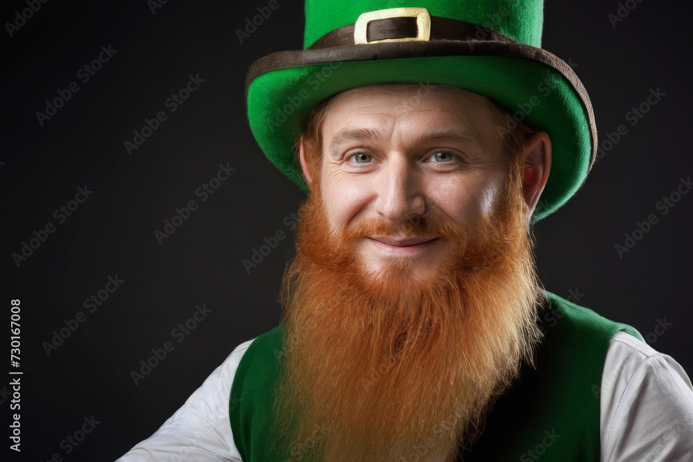 smiling redhead man with beard in green suit and leprechaun hat. St. Patrick's Day celebration smiling redhead man with beard in green suit and leprechaun hat. St. Patrick's Day celebration