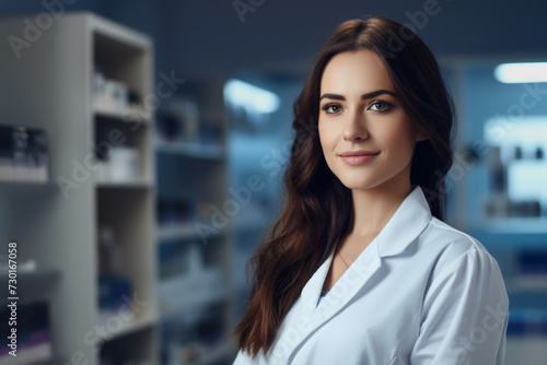 portrait of female pharmacist with very friendly facial expression wearing white coat in drugstore