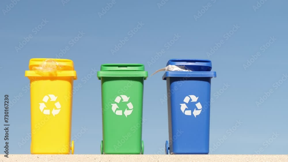 Container trash bin for recycling on blue sky background. Yellow, green, blue bins for recycle plastic, paper and glass trash. Environmental awareness, recycling, waste management concept Container trash bin for recycling on blue sky background. Yellow, green, blue bins for recycle plastic, paper and glass trash. Environmental awareness, recycling, waste management concept